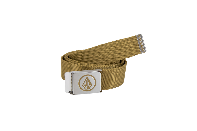 The Men's Circle Web Belt by Volcom is shown in tan with a silver metal buckle that displays a geometric logo and features a matching metal tip engraved with the Volcom name. Set against a plain white background, the innovative buckle serves both as an eye-catching accent and a handy bottle opener, blending style with everyday practicality.