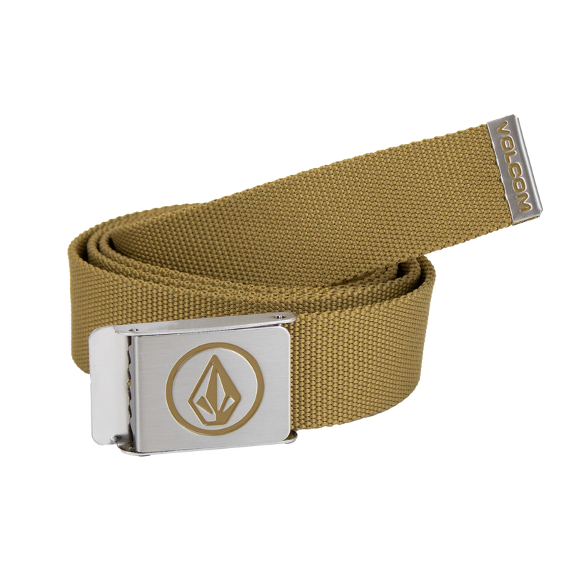 The Volcom Men's Circle Web Belt in tan features a woven design, a sleek metal buckle with a geometric logo, and a small metallic tag engraved with “Volcom” at the tip. Ingeniously designed with an integrated bottle opener, this belt is shown coiled neatly against a plain white background.