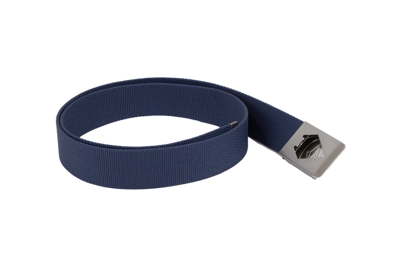 A Volcom Men's Circle Web Belt in blue, featuring a rectangular metal buckle, is coiled in a flat spiral on a white background.