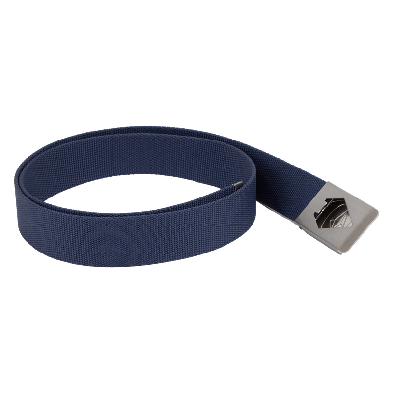 A Volcom Men's Circle Web Belt in blue fabric, featuring a silver rectangular metal buckle with a geometric design and built-in bottle opener, is displayed coiled on a white background.