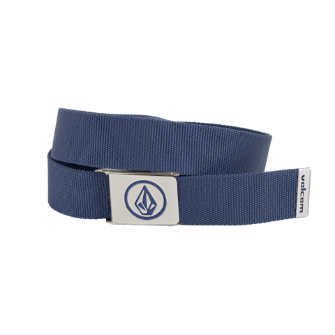 The Men's Circle Web Belt by Volcom is a blue belt with a silver metal buckle that showcases a geometric Volcom logo and includes a small Volcom label at the end. Displayed against a white background, the buckle also functions as a practical bottle opener.