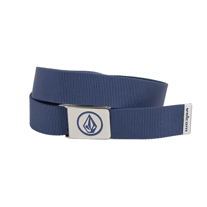 The Men's Circle Web Belt by Volcom is a blue belt with a silver metal buckle that showcases a geometric Volcom logo and includes a small Volcom label at the end. Displayed against a white background, the buckle also functions as a practical bottle opener.