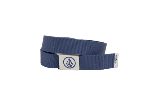 The Volcom Men's Circle Web Belt is shown on a plain white background, crafted from blue fabric and finished with a silver metal buckle that displays a stylized flame logo, plus a small Volcom tag at the end.
