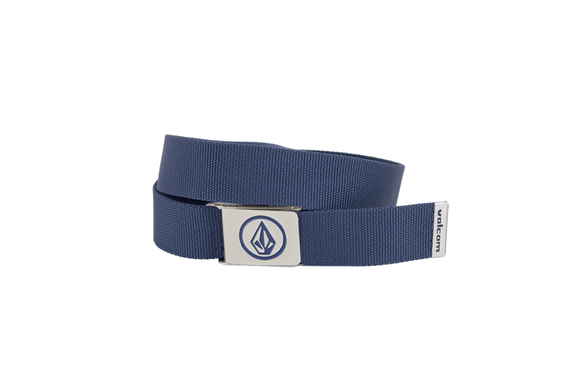 The Volcom Men's Circle Web Belt is shown on a plain white background, crafted from blue fabric and finished with a silver metal buckle that displays a stylized flame logo, plus a small Volcom tag at the end.