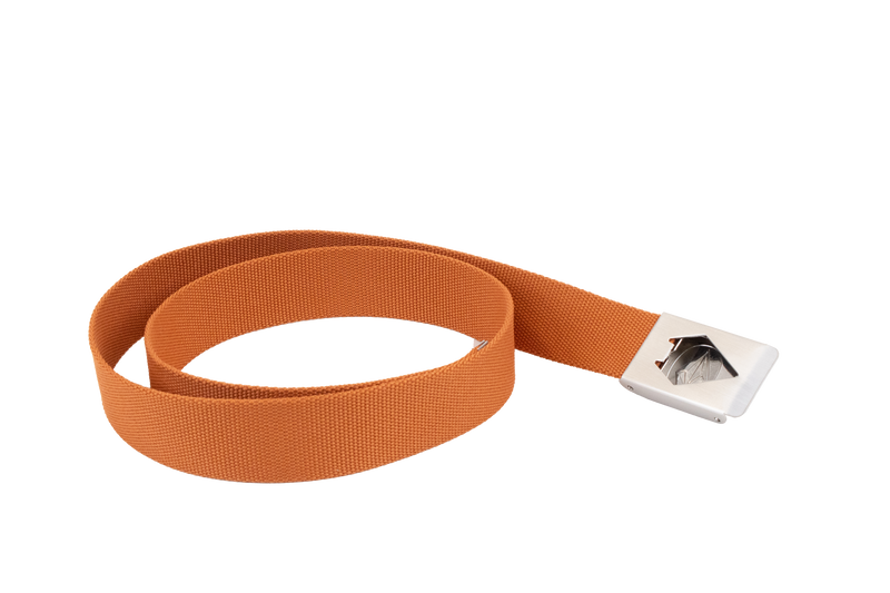 The Volcom Men's Circle Web Belt, featuring a rectangular silver bottle opener buckle, is shown coiled loosely on a white background.
