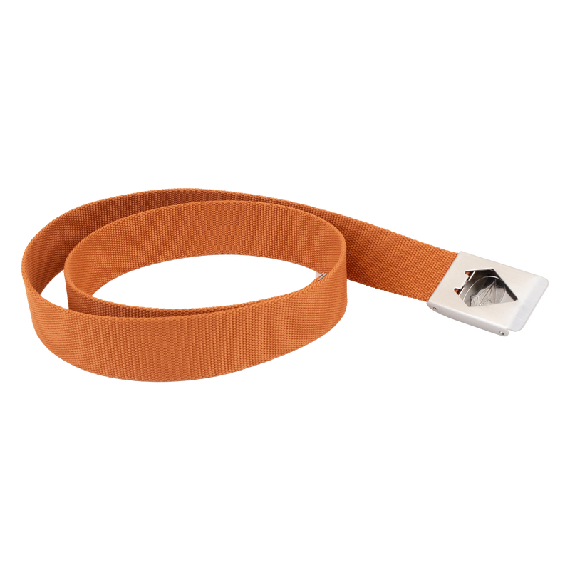 A Volcom Men's Circle Web Belt in coiled orange fabric, featuring a silver metal buckle, displayed on a white background.