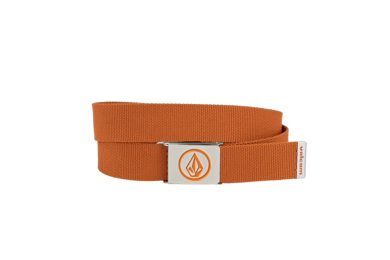 A Men's Circle Web Belt by Volcom in orange, featuring a silver bottle opener buckle with an orange Volcom logo and a small white tag with orange text, displayed against a plain white background.
