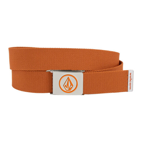 The Volcom Men's Circle Web Belt features orange fabric and a silver metal buckle accented with an orange geometric logo. A small tag at the end displays the "volcom" name, and for added convenience, the buckle includes a built-in bottle opener.