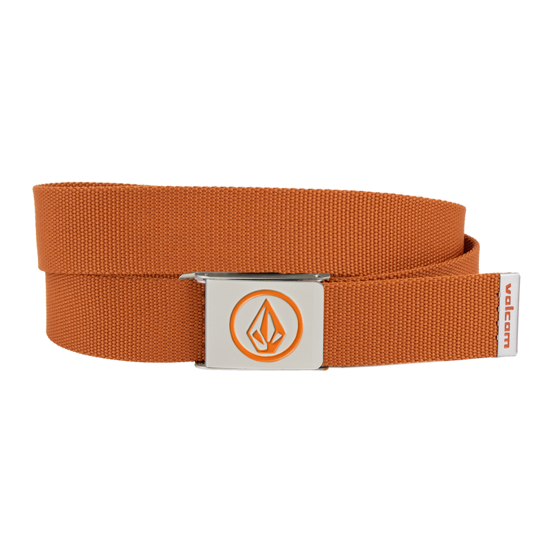 The Volcom Men's Circle Web Belt features orange fabric and a silver metal buckle accented with an orange geometric logo. A small tag at the end displays the "volcom" name, and for added convenience, the buckle includes a built-in bottle opener.