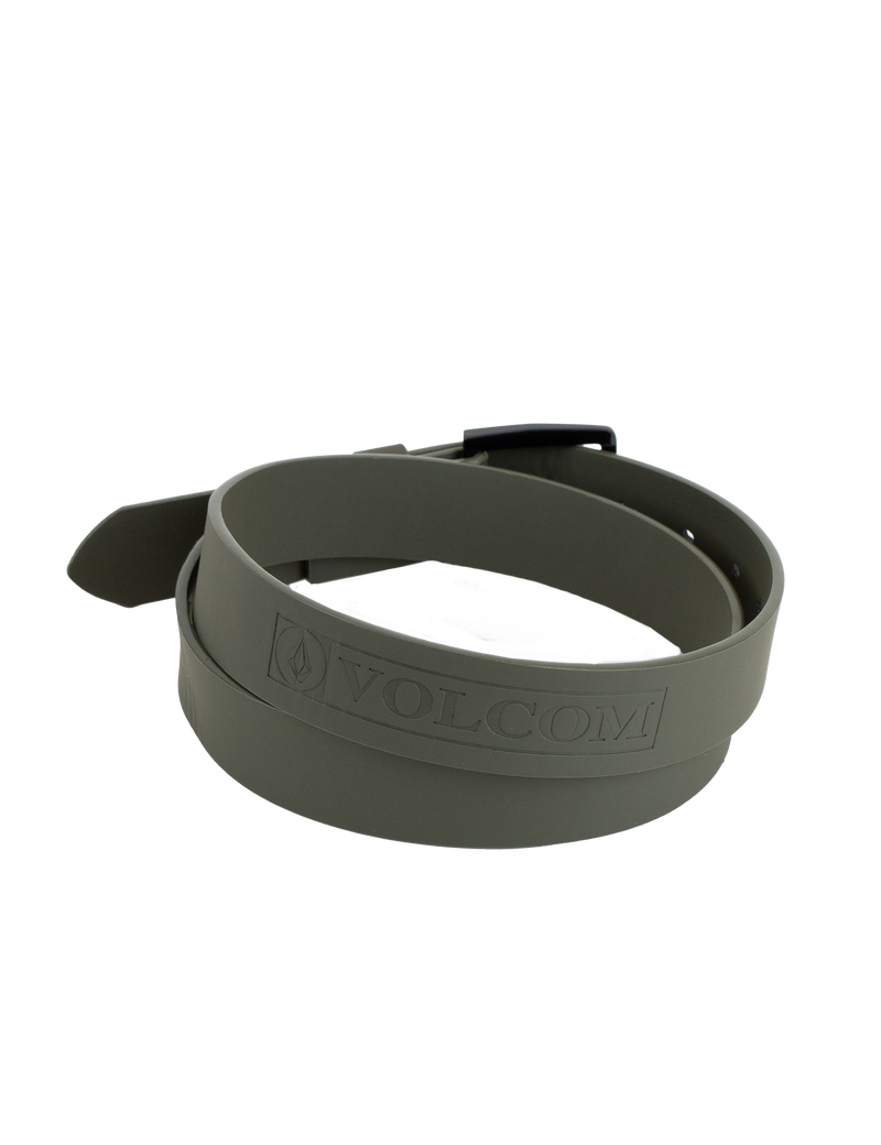 A rolled-up Men's Flat Bar PU Belt by Volcom in olive green, showcased with a branded metal buckle and the Volcom logo embossed on the band, displayed against a white background.