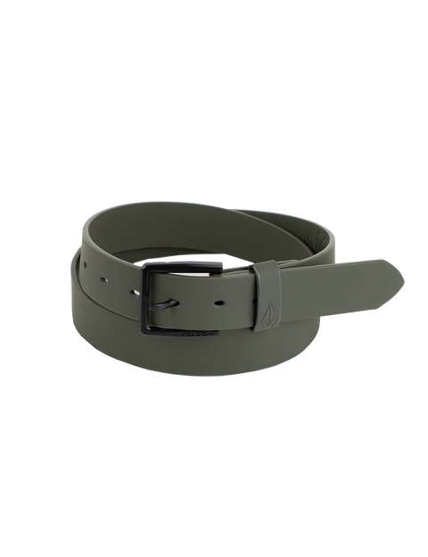 A rolled-up olive green Men's Flat Bar PU Belt by Volcom, featuring a matte black branded metal buckle, displayed on a plain white background.