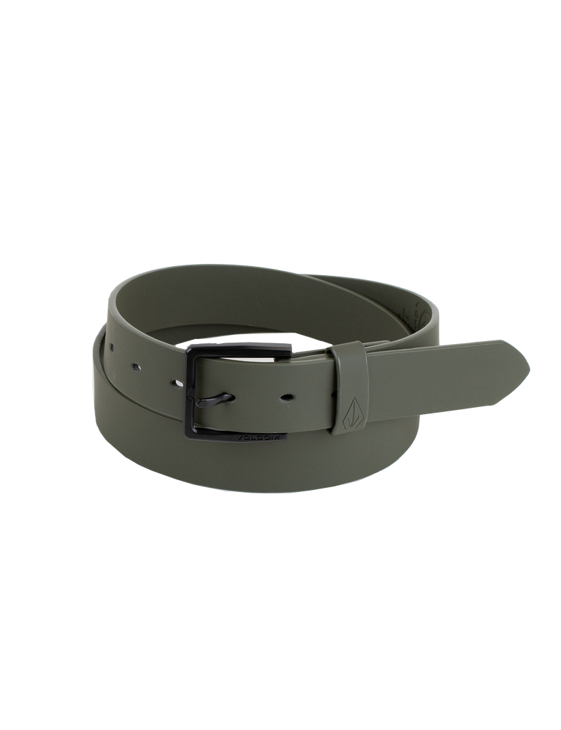 A rolled-up olive green Men's Flat Bar PU Belt by Volcom, featuring a matte black branded metal buckle, displayed on a plain white background.