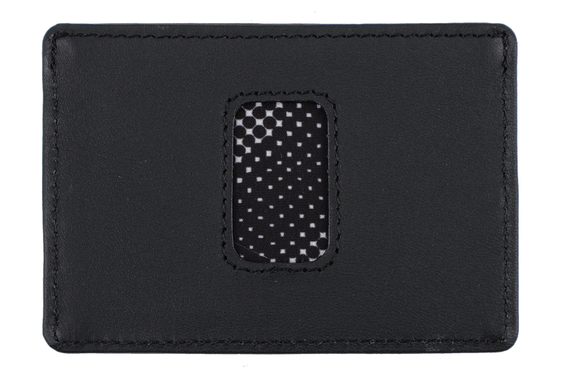 A black leather card holder by Volcom, featuring an oval mesh window in the center that reveals a black and white polka dot pattern. Named the Men's Primo Cardholder, this slim wallet blends style and everyday functionality for your essentials.