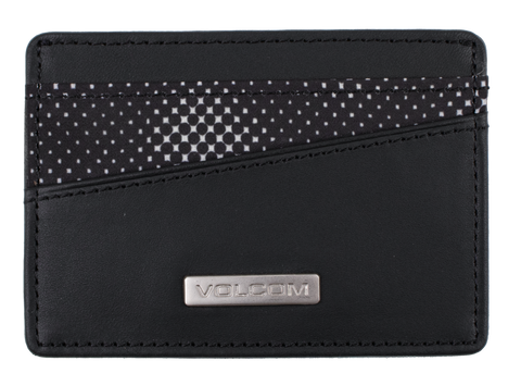 The Volcom Men's Primo Cardholder is a slim black wallet featuring a metal logo plaque and two diagonal card slots, one accented with a geometric black-and-white pattern—perfect for keeping your essentials organized in style.