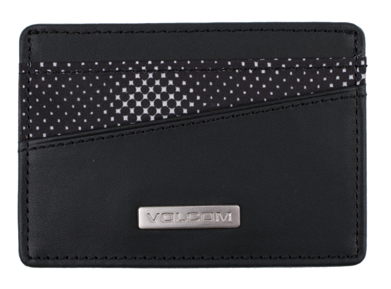 The Volcom Men's Primo Cardholder is a slim black wallet featuring a metal logo plaque and two diagonal card slots, one accented with a geometric black-and-white pattern—perfect for keeping your essentials organized in style.