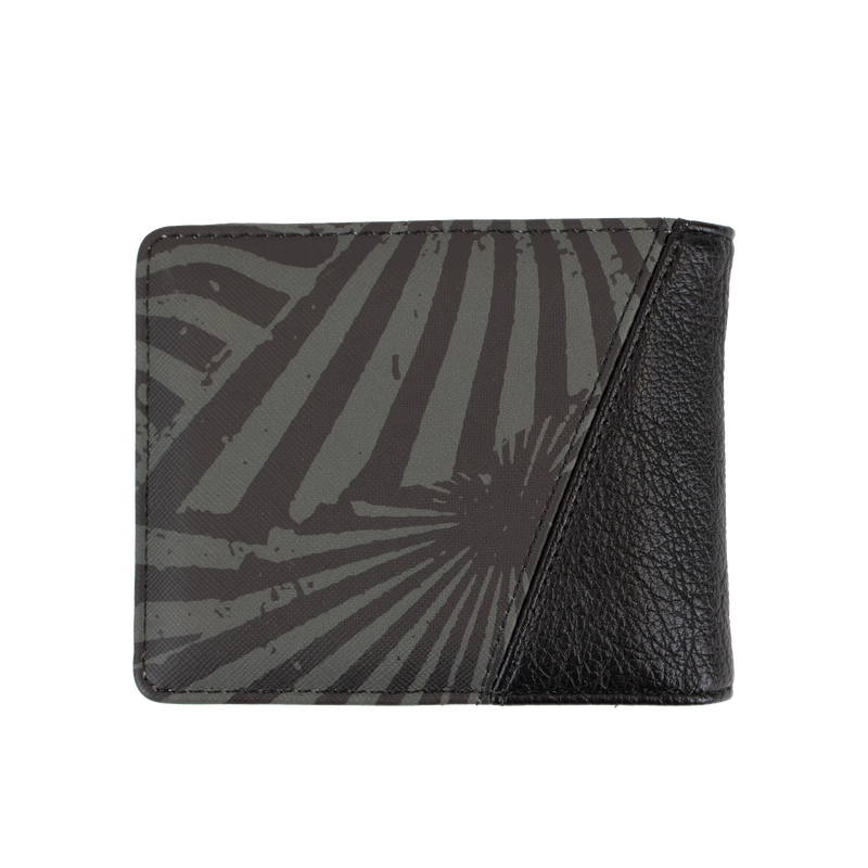 The Volcom Men's Solidstone Bifold wallet features a black and gray design with a radial burst pattern and a textured black leather section on the right side, displayed on a white background.