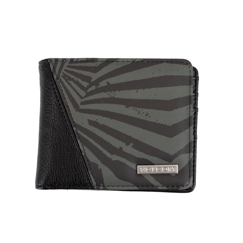Introducing the Volcom Men's Solidstone Bifold: a stylish black and gray PU wallet featuring a diagonal leather accent and a striking abstract striped design. Built for durability, it showcases a sleek metallic Volcom logo on the front, all set against a clean white background.