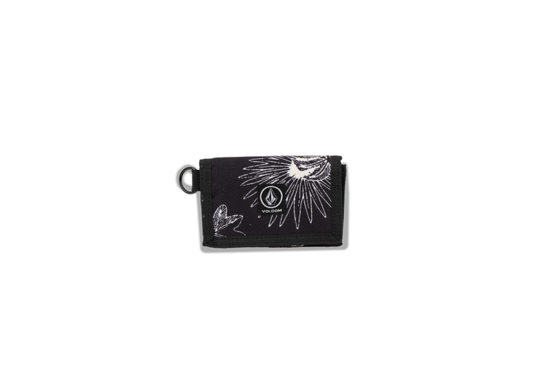 The Volcom Men's Box Stone Wallet is a black compact accessory featuring striking white abstract floral and frog designs, with the Volcom logo displayed on the front. Crafted from durable cotton canvas, this wallet is photographed against a plain white background.