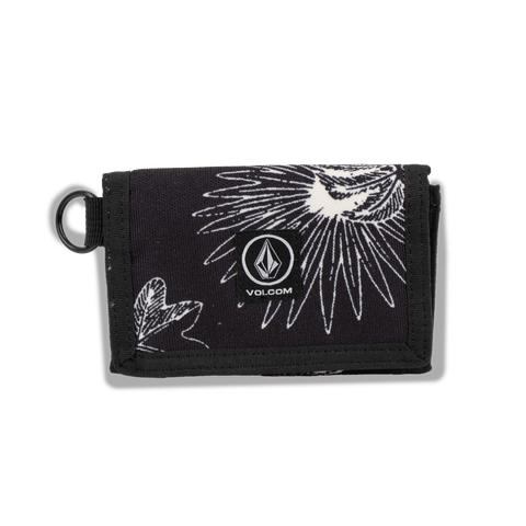 Men's Box Stone Wallet by Volcom in black fabric with white abstract floral patterns, showcasing multiple card slots, a central Volcom logo patch, and a metal key ring on the left side, displayed against a plain white background.