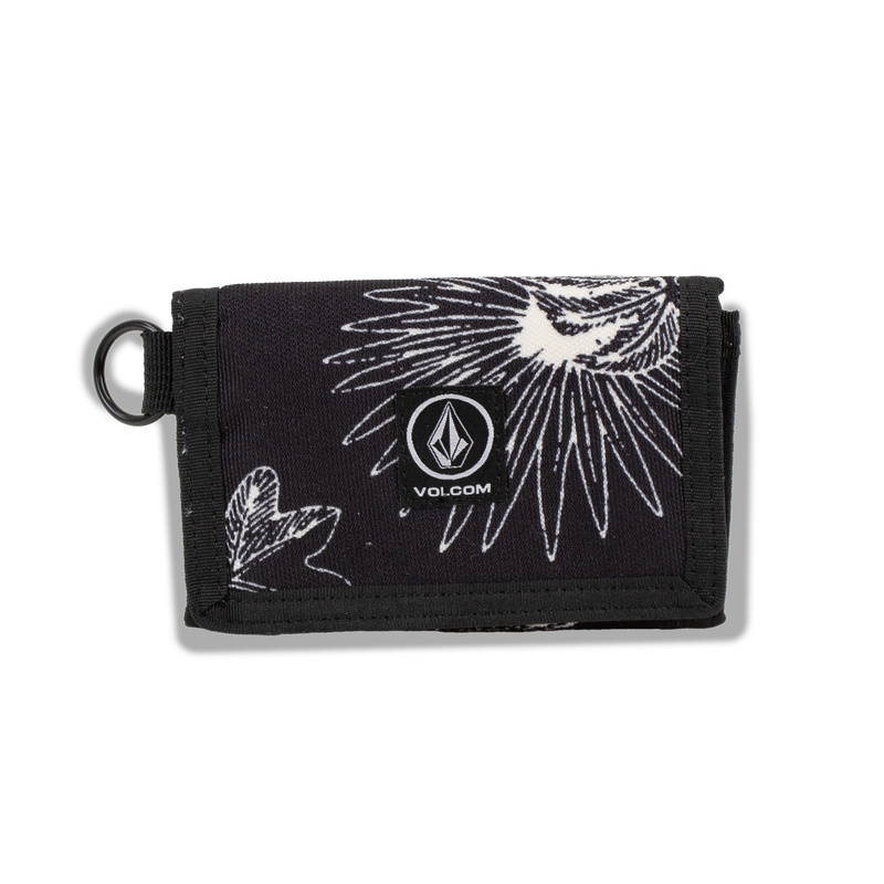 Men's Box Stone Wallet by Volcom in black fabric with white abstract floral patterns, showcasing multiple card slots, a central Volcom logo patch, and a metal key ring on the left side, displayed against a plain white background.