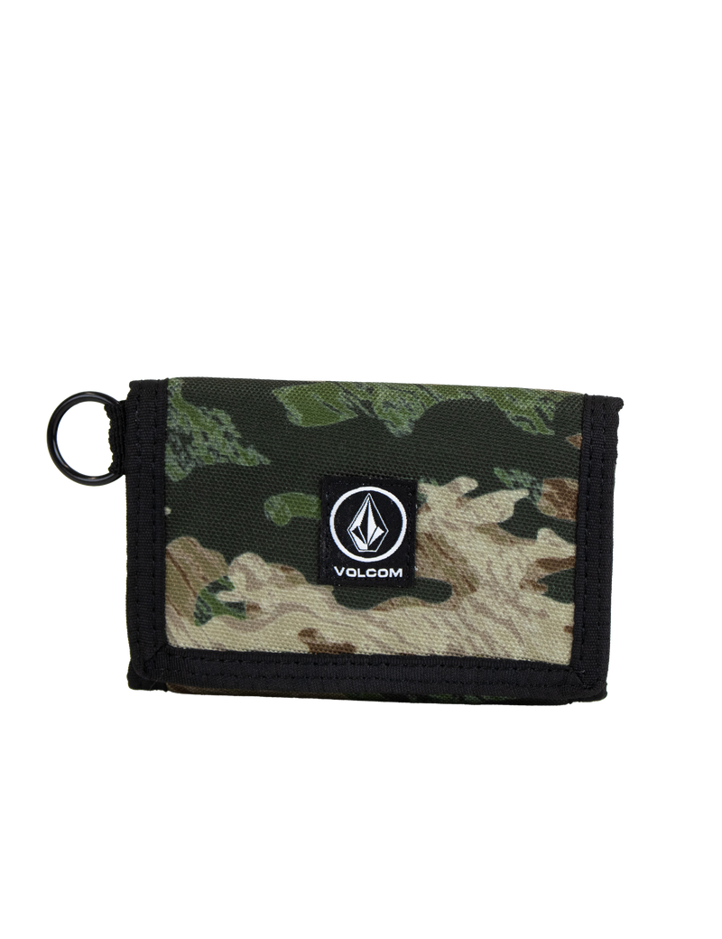 Discover the Men's Box Stone Wallet by Volcom—a compact, rectangular wallet made from durable cotton canvas. Showcasing an eye-catching green camouflage pattern with black trim and a convenient side ring, the front features a centrally placed black Volcom Stone Wallet logo patch for an iconic finish.