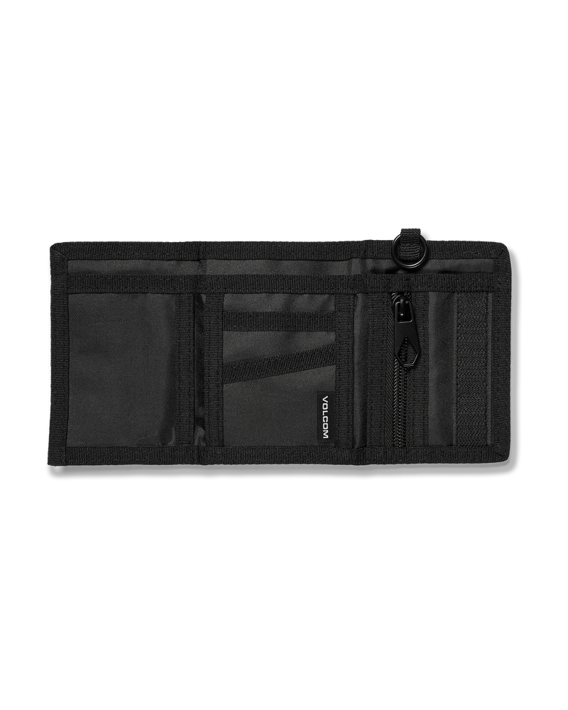 The Volcom Men's Box Stone Wallet, a black tri-fold made of durable cotton canvas, is open on a light gray background, displaying multiple card slots, a mesh ID window, zipper pocket, and small fabric brand tag.