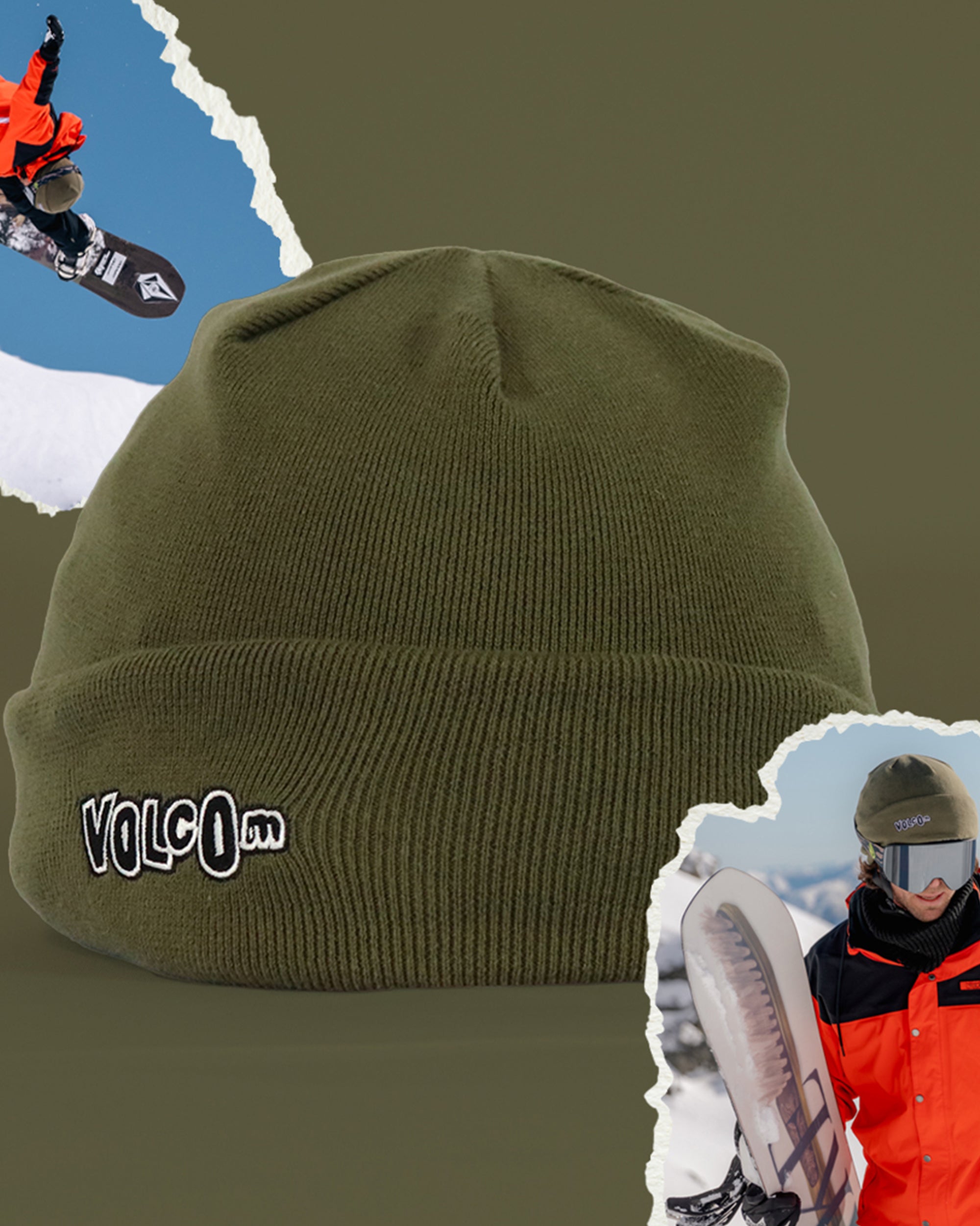 Green beanie with 'Volcom' logo on a collage of snowboarders