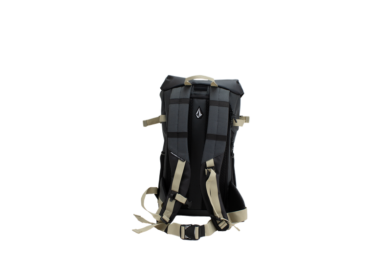The Volcom Men's Peakstone Mountain Backpack, shown here in black and gray with tan straps and buckles against a plain white background, is a durable daypack featuring padded shoulder straps and a chest strap for added support.