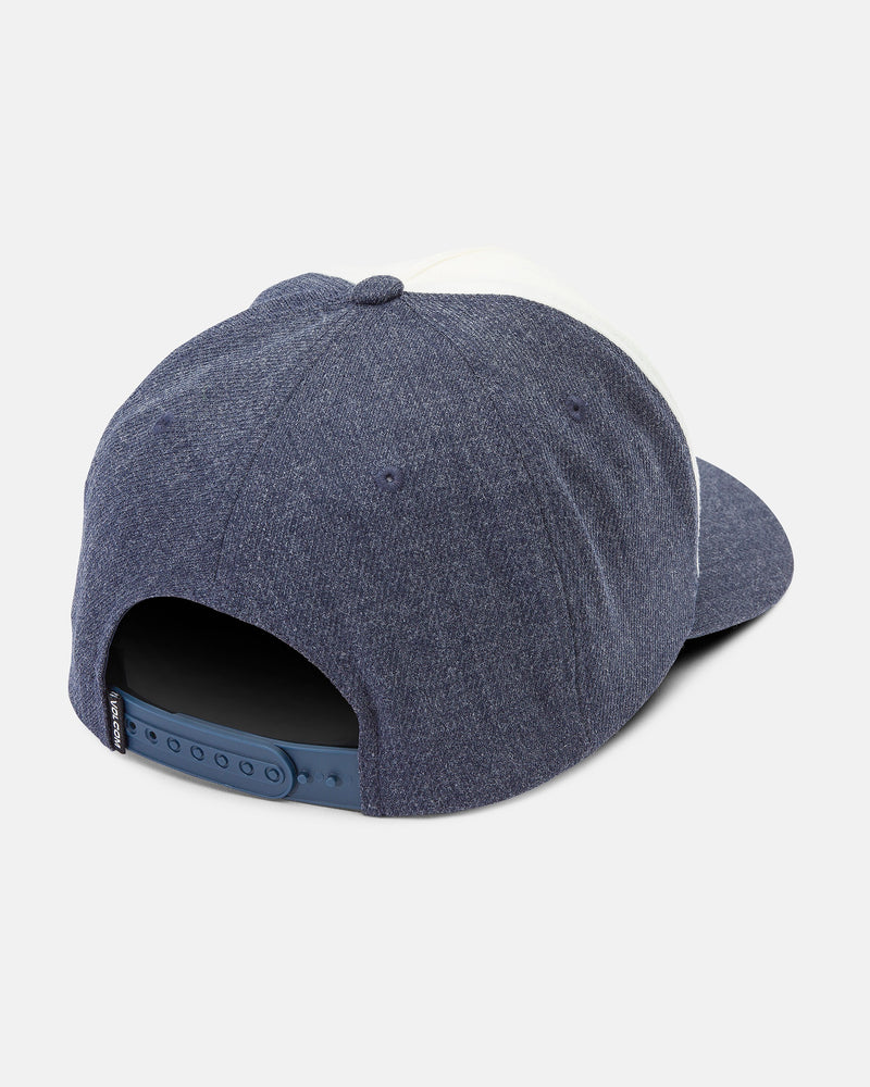 The Volcom Women's Mechanicali Hat is displayed from the back on a plain light background, showcasing its adjustable plastic strap and heathered blue cotton twill fabric.