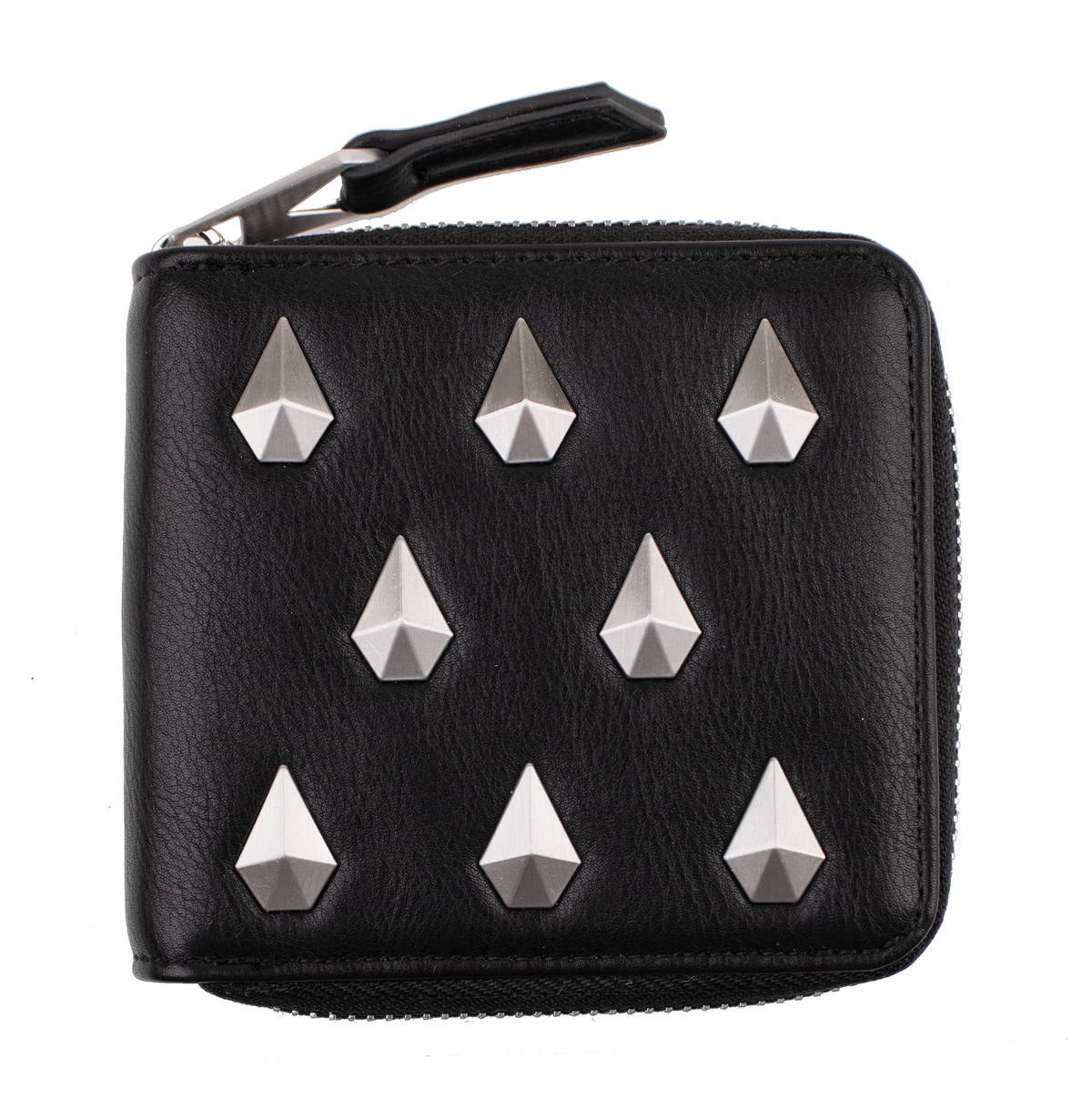 Introducing the Volcom Women's Studette Wallet: a sleek black leather compact wallet with a secure zipper closure and nine striking silver pyramid studs arranged in three bold rows on the front.