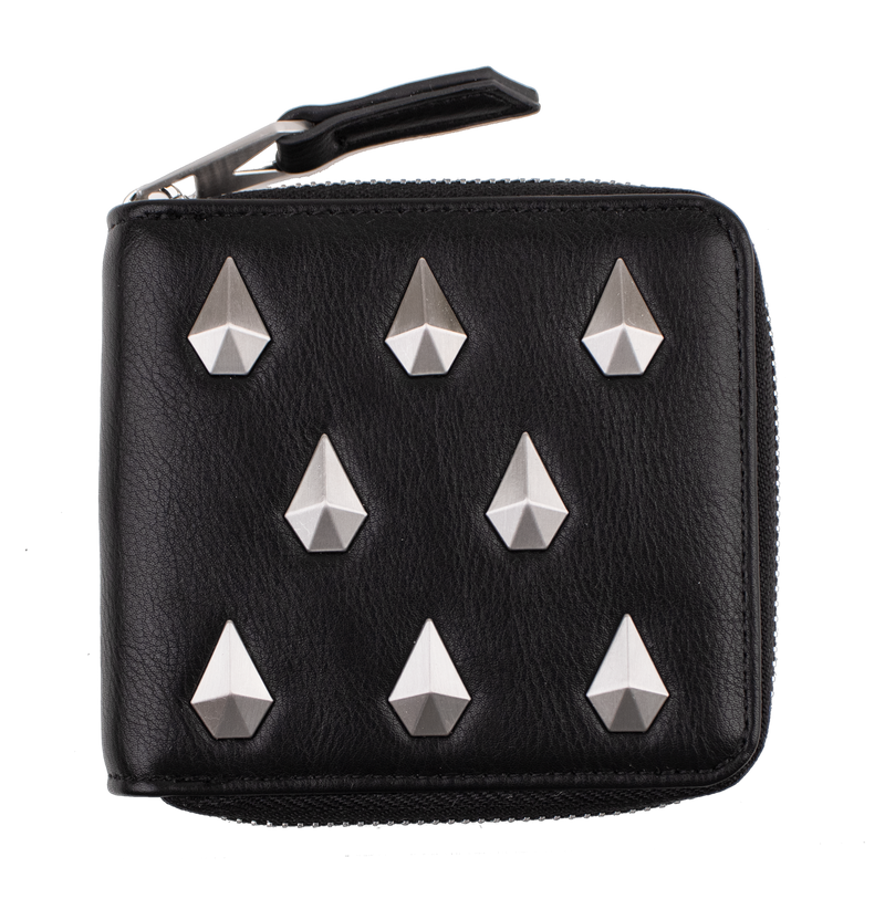 Introducing the Volcom Women's Studette Wallet: a sleek black leather compact wallet with a secure zipper closure and nine striking silver pyramid studs arranged in three bold rows on the front.