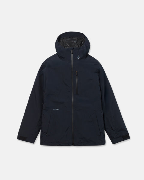 A Volcom Men’s L Insulated Gore-Tex Jacket in black, featuring a front zipper, chest pocket, two side pockets, and Velcro sleeve straps, is displayed against a plain white background.