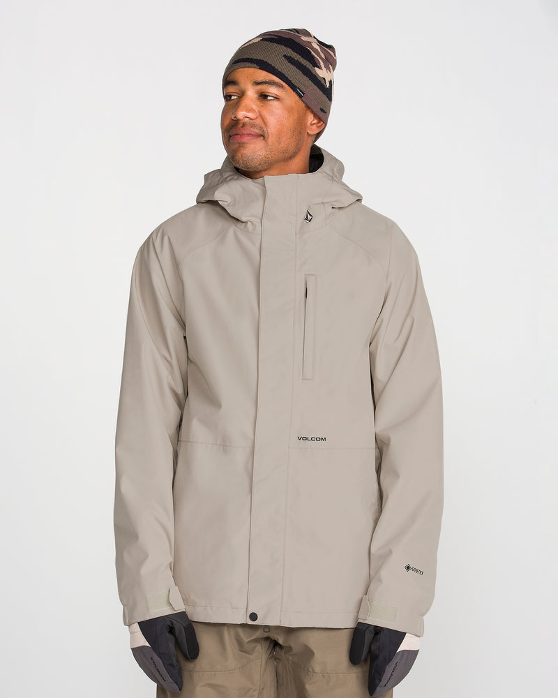 A man wearing the Volcom Men’s Dua Insulated Gore-Tex Jacket in light gray, paired with black gloves and a camouflage-patterned beanie, stands against a plain white background, looking to the side with a slight smile.