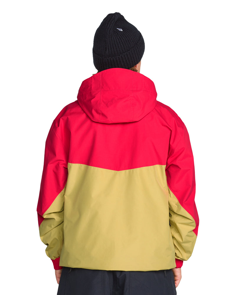 Back view of a person wearing a recycled red and tan Volcom Men’s Longo Gore-Tex Jacket and a black knit beanie.