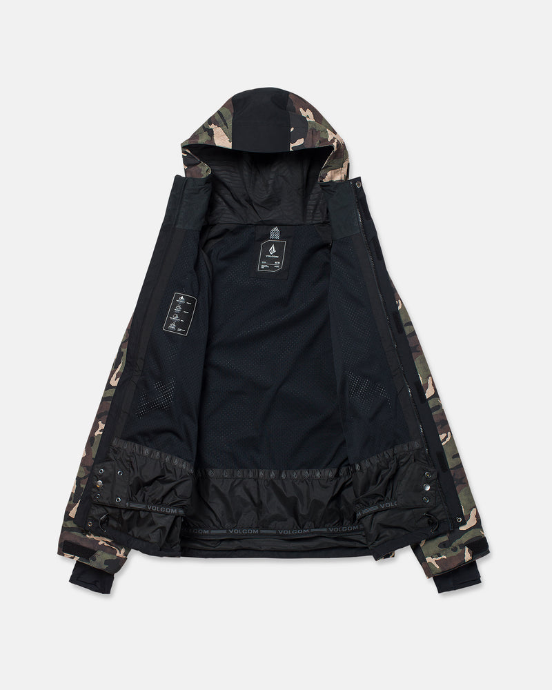 The Volcom Men’s Collins 20K Jacket, featuring a camouflage pattern, is displayed open against a plain white background to reveal its black mesh lining, hood, and multiple interior pockets. Crafted from a recycled shell, this waterproof ski jacket combines functionality with sustainable materials.