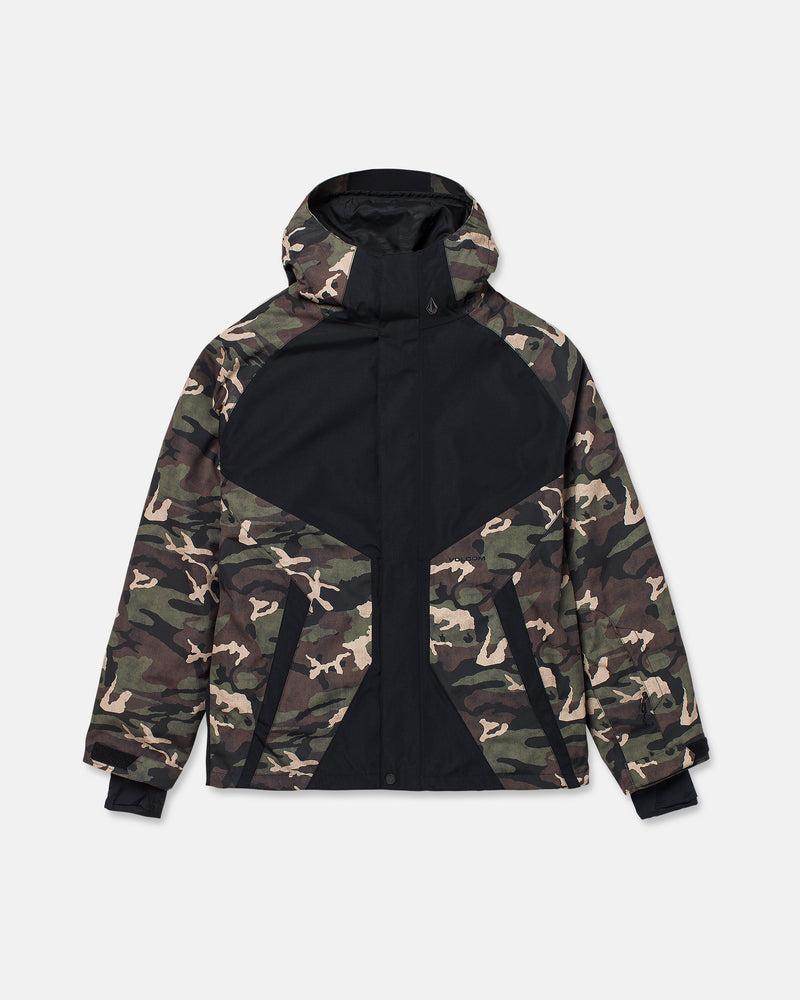 The Volcom Men’s Collins 20K Jacket, featuring a black chest area and green, brown, and tan camo pattern on the sleeves, hood, and lower body—crafted from a recycled shell—is displayed flat on a white background.