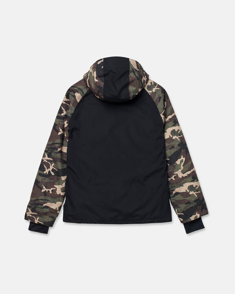 The Volcom Men’s Collins 20K Jacket is shown laid flat with the back facing up against a plain white background. This jacket features a black body with camouflage-patterned sleeves and hood, and is crafted from a recycled shell.
