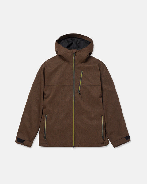 The Volcom Men’s Top Stitch Jacket is a brown hooded snow jacket designed for men, featuring a baggy fit ideal for comfort and layering. It includes a front zipper, two zippered side pockets, a zippered chest pocket, black adjustable cuffs, and a black-lined hood. The product is displayed against a plain white background.