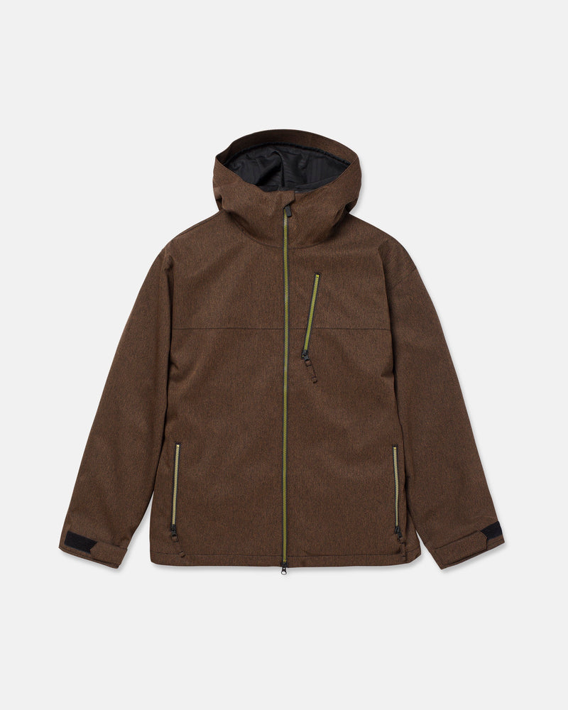 The Volcom Men’s Top Stitch Jacket is a brown hooded snow jacket designed for men, featuring a baggy fit ideal for comfort and layering. It includes a front zipper, two zippered side pockets, a zippered chest pocket, black adjustable cuffs, and a black-lined hood. The product is displayed against a plain white background.