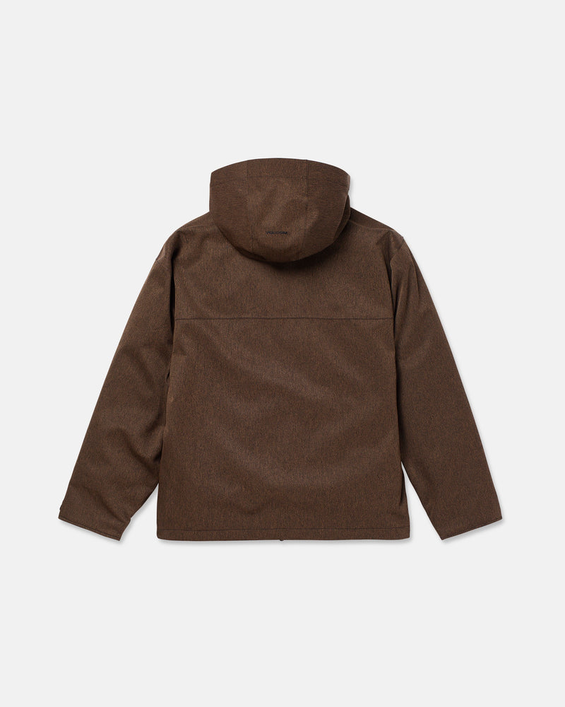 The Volcom Men’s Top Stitch Jacket is displayed from the back on a plain white background, featuring a brown color, baggy fit, long sleeves, and a straight hem.