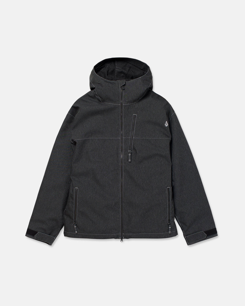 A Volcom Men’s Top Stitch Jacket in black, featuring 10K waterproofing, a front zipper, two side pockets, a zippered chest pocket, and adjustable cuffs, displayed on a plain white background.