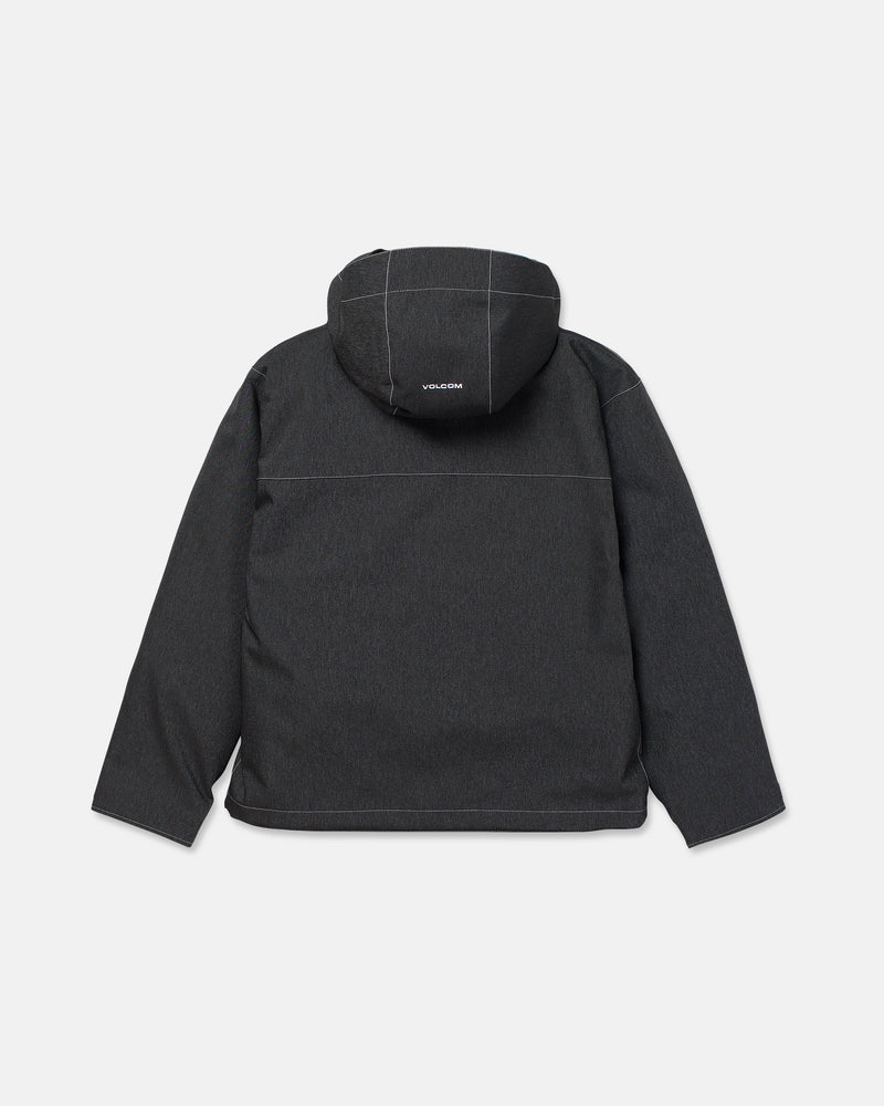 A black Men’s Top Stitch Jacket by Volcom, displayed from the back, featuring subtle white stitching and the brand name “VOLCOM” printed in small white letters on the hood. This jacket offers a baggy fit for all-day comfort.