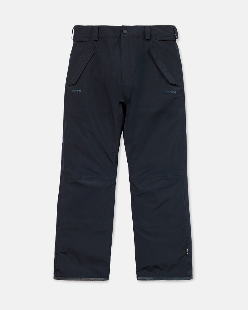 A pair of black Volcom Unisex Tester 3L Gore-Tex Pants featuring front pockets, zipper and button closure, and reinforced knees, laid flat on a white background.