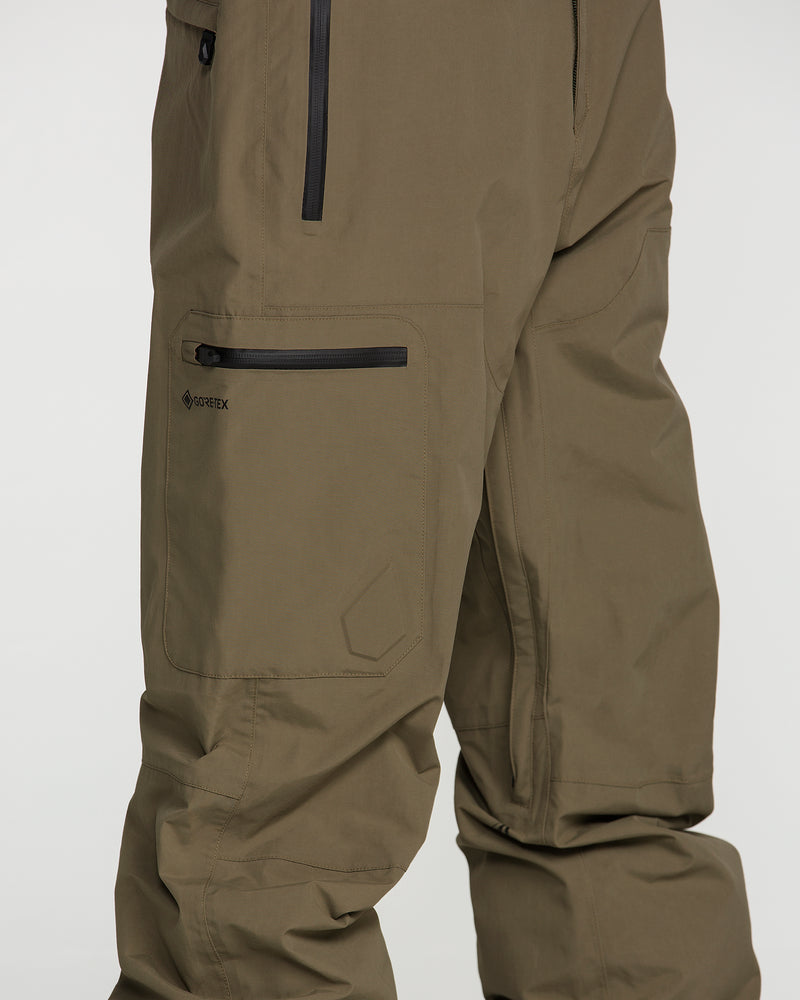 Close-up of the olive green Volcom Men’s L Gore-Tex Pants featuring a zippered thigh pocket, seam detailing, and a glimpse of an additional zippered pocket at the top.