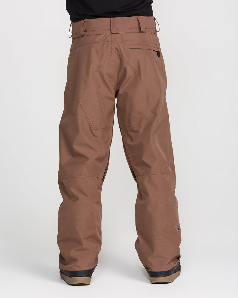 A person is seen from the back wearing loose-fitting brown Volcom Men’s Dua Gore-Tex Pants against a plain white background. These pants include belt loops, a back pocket, reinforced cuffs, and breathable lining for enhanced comfort.