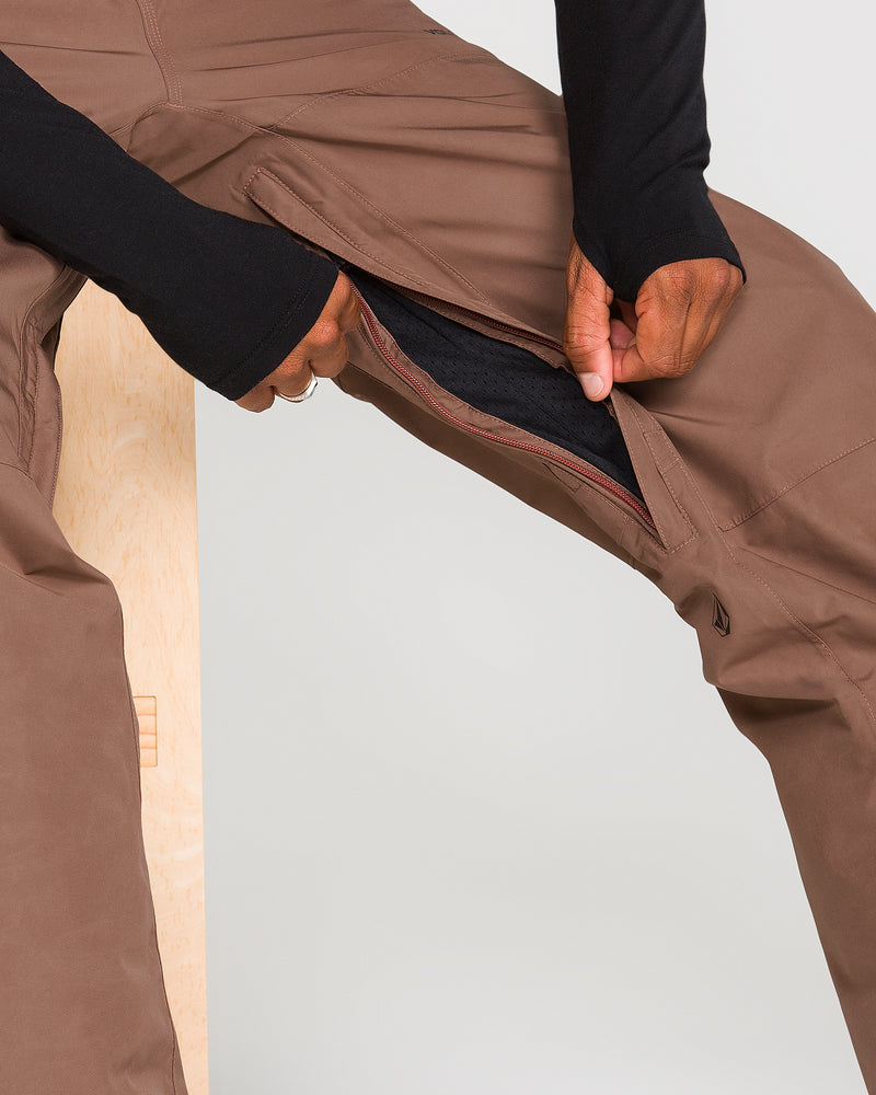 A person sits on a wooden stool and unzips the side of their brown Volcom Men’s Dua GORE-TEX Pants, revealing a black breathable lining. The focus is on the pants’ zipper and the person’s hands.