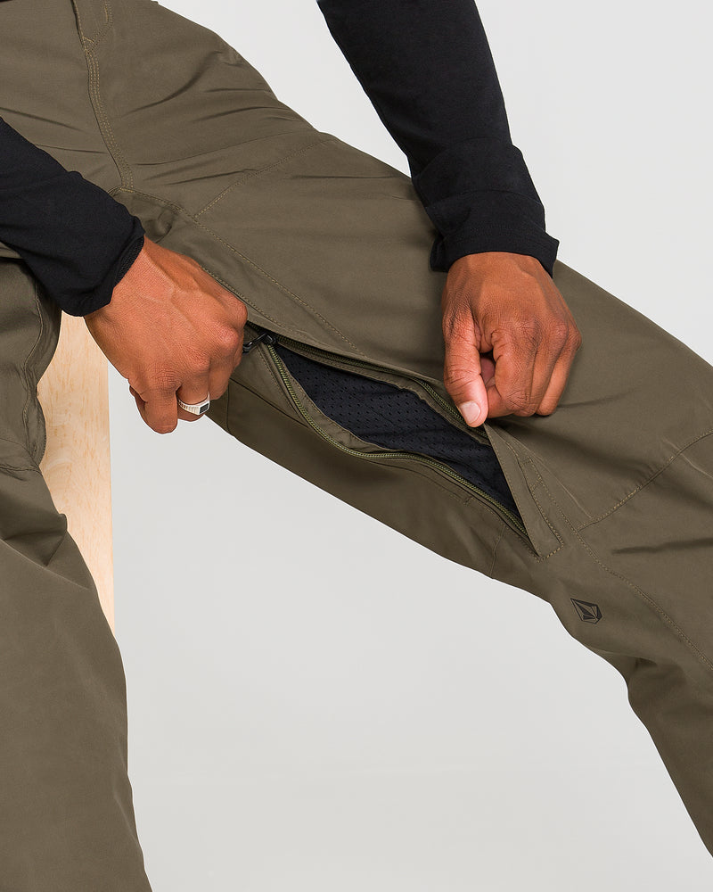 A person sits and unzips a thigh vent on olive green Volcom Men’s Dua Gore-Tex Pants, revealing black mesh fabric and a breathable lining underneath—perfect for those seeking the comfort synonymous with GORE-TEX pants.