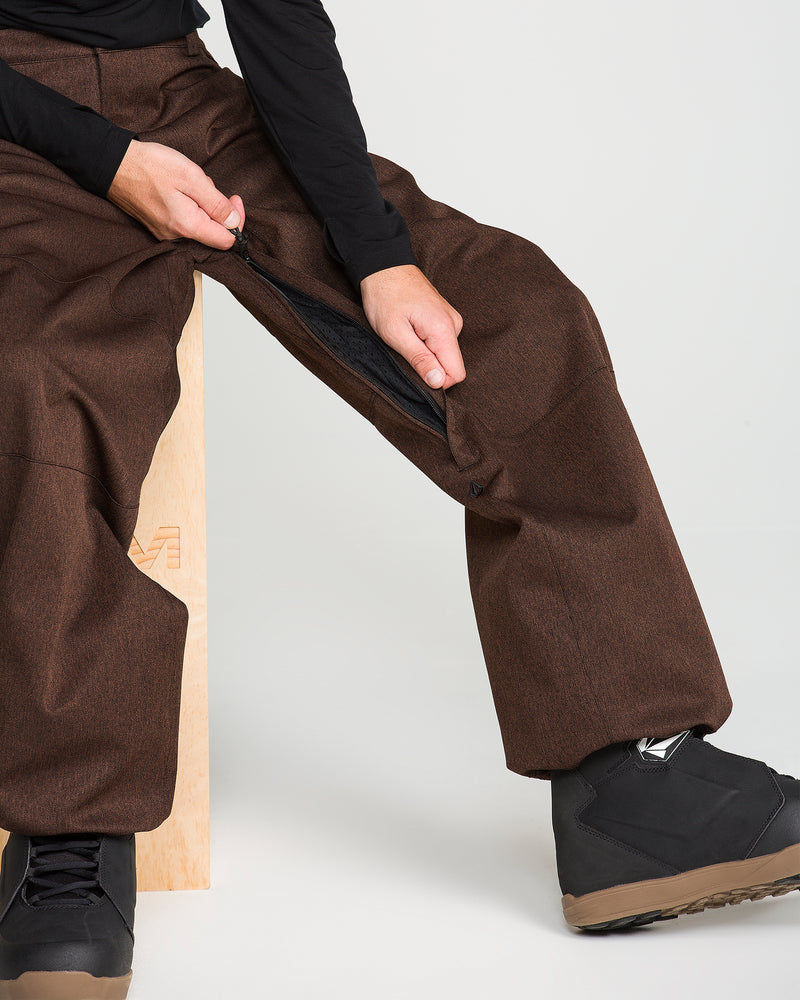 A man sits on a wooden box and unzips the side of his brown Volcom Men’s Snow Billow Pants, revealing the mesh lining. He pairs them with black boots and a black long-sleeve shirt, against a simple light-colored background.