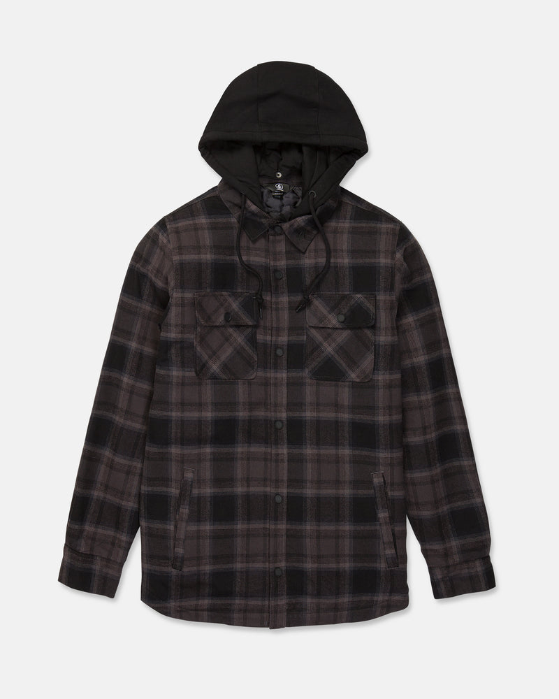 The Volcom Men’s Enson Insulated Riding Flannel is a black and gray plaid button-up jacket featuring a fleece hood, two chest flap pockets, and two side pockets, shown against a plain white background.