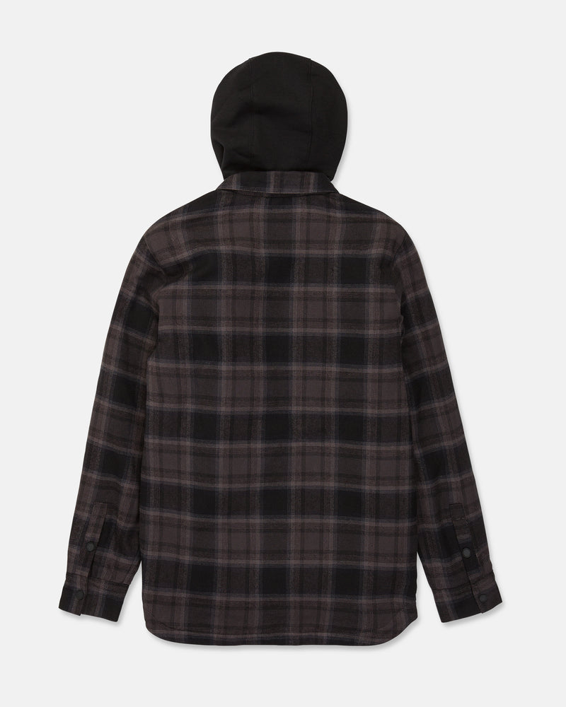 The Volcom Men’s Enson Insulated Riding Flannel features a long-sleeved, black and gray plaid design with a cozy black fleece hood, displayed from the back on a plain white background.